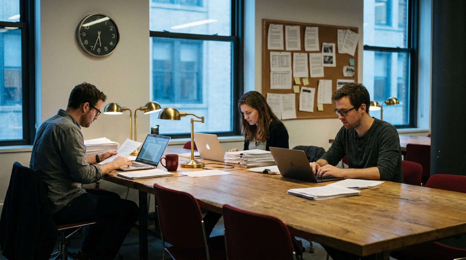 A small newsroom with three editors at a shared table, a wall clock reading 6:10, drafts pinned to a corkboard