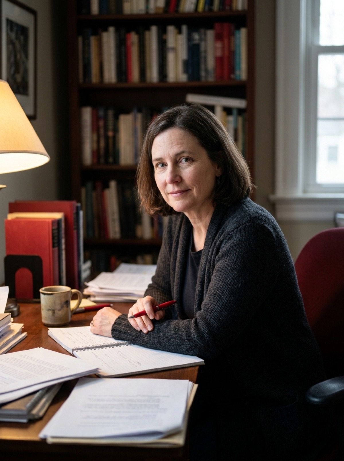 Helena Vance at the newsroom table with a marked-up draft
