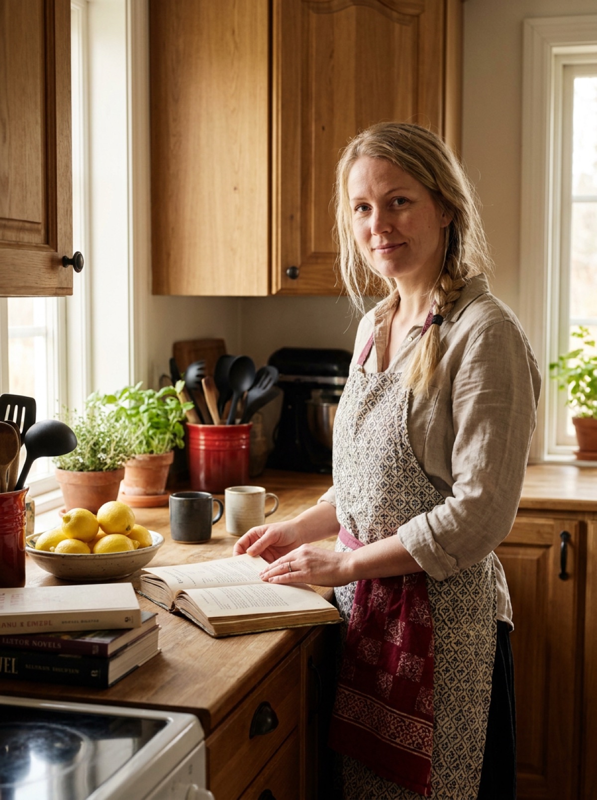 Ingrid Solberg in a home kitchen with a cookbook open and a stack of novels