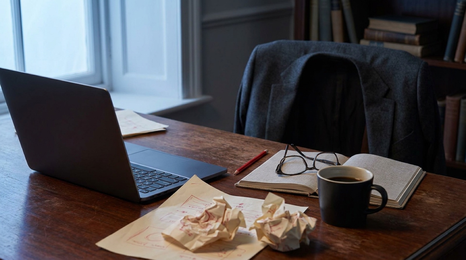An editor's desk at dawn with a laptop, a printed draft marked in red pencil and a cup of black coffee