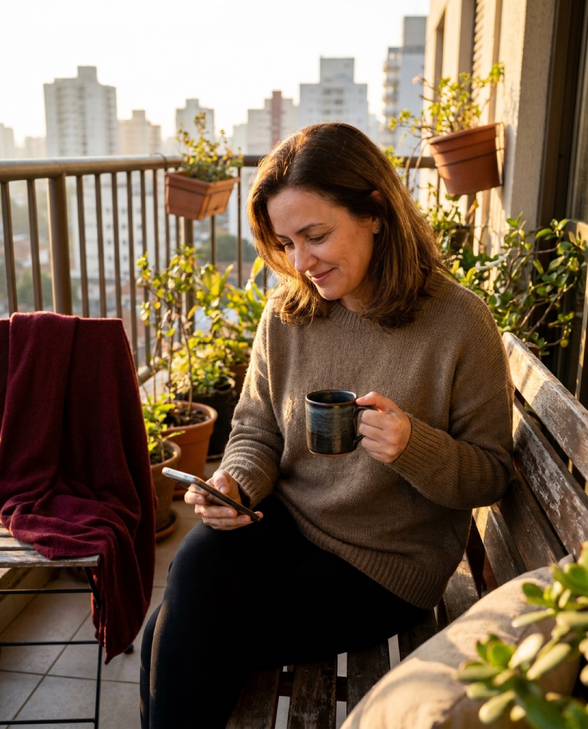 A reader on a balcony at sunrise reading a short edition on her phone, tea beside her